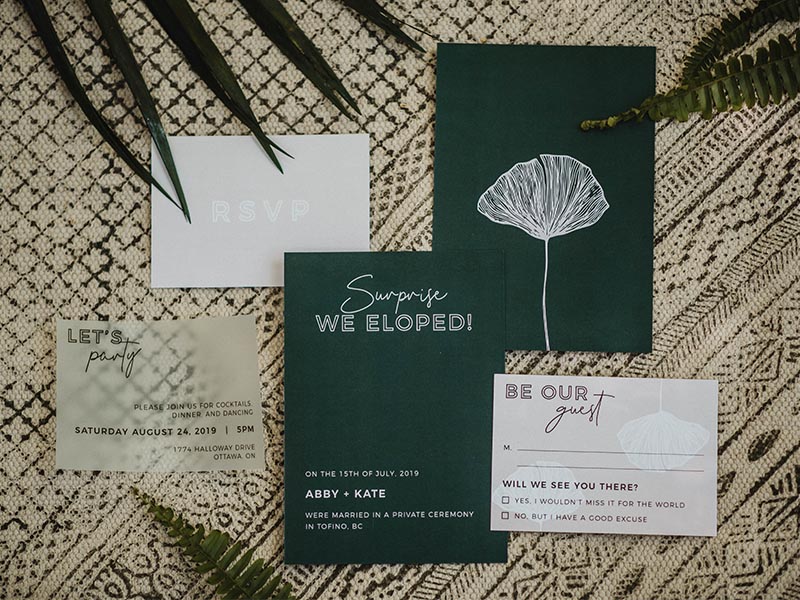 Green Elopement Wedding Invitation Suite Custom - Avi Scribbles - Calligraphy - Wedding Signage - Storefront artist - Wedding invitations Canada - Ottawa Ontario