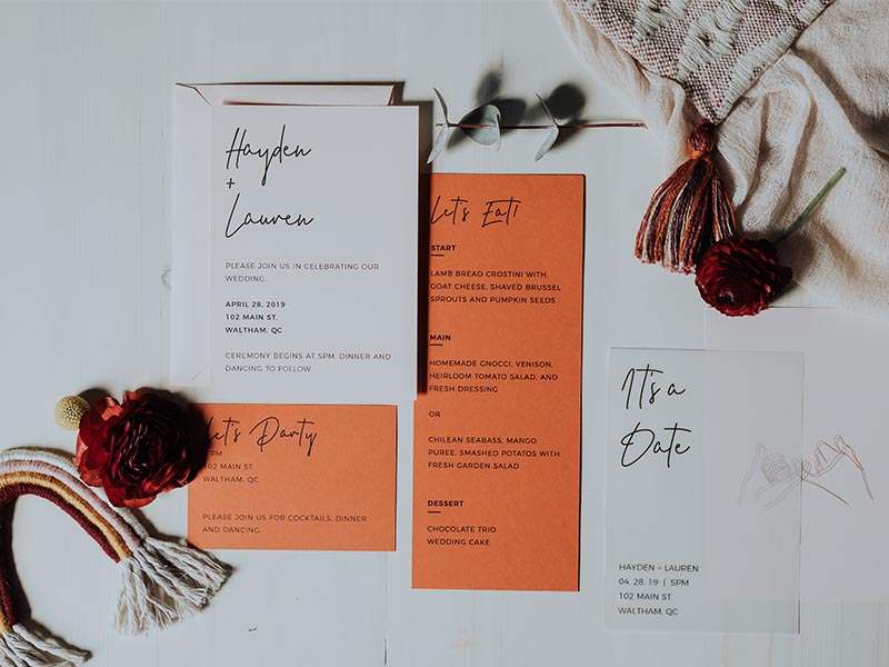 Orange & Vellum - Hand Drawing Wedding INvitation Suite and Wedding Menu - Avi Scribbles - Calligraphy - Wedding Signage - Storefront artist - Wedding invitations Canada - Ottawa Ontario